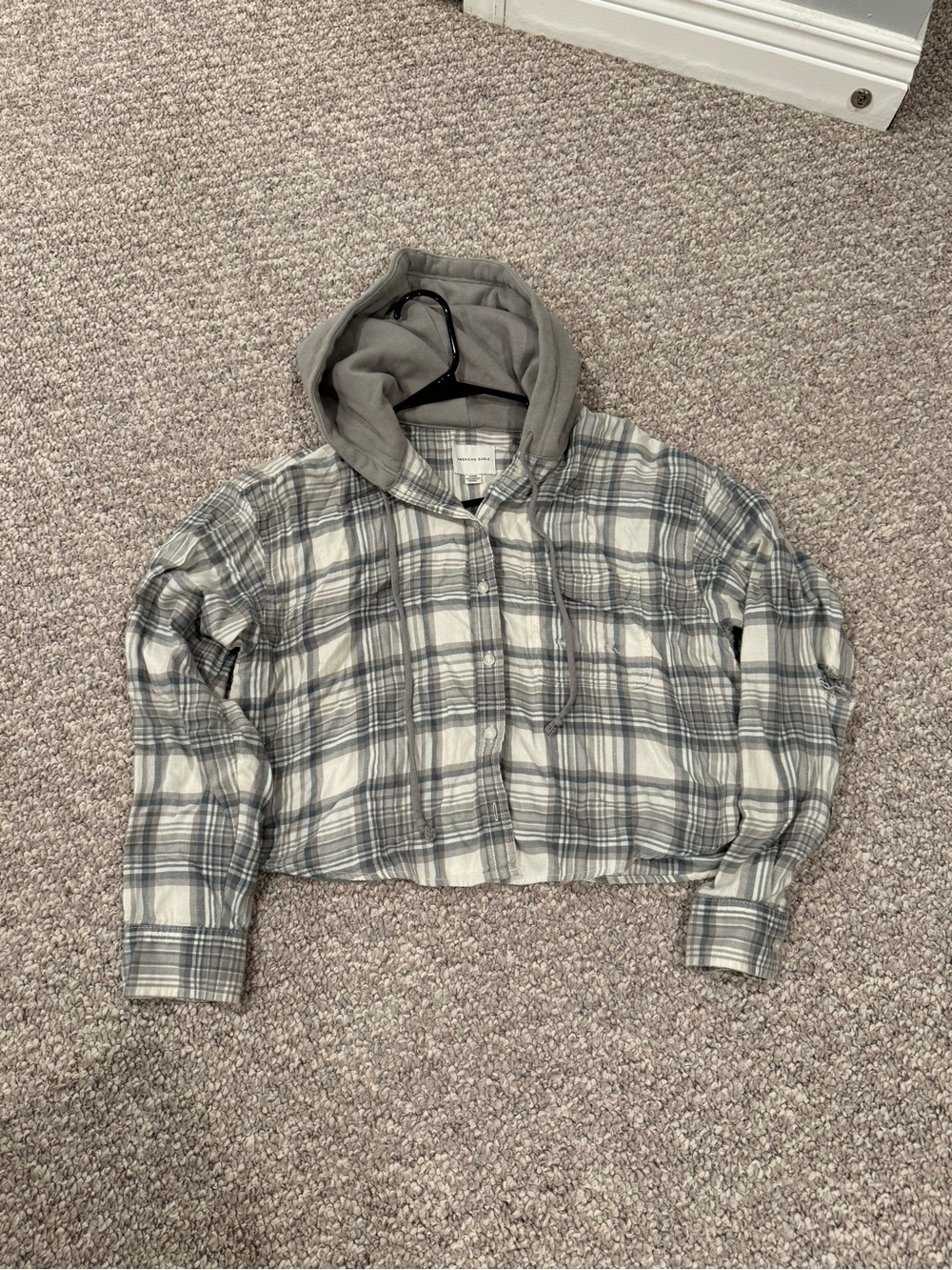 American Eagle Gray and White Plaid Hooded Button-Up